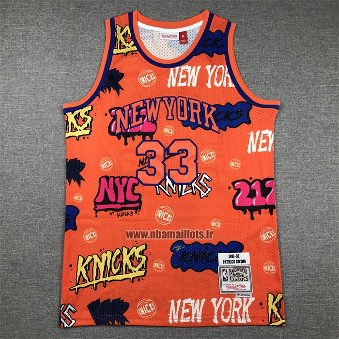 Maillot New York Knicks Patrick Ewing NO 33 Slap Sticker Mitchell & Ness 1991-92 Orange